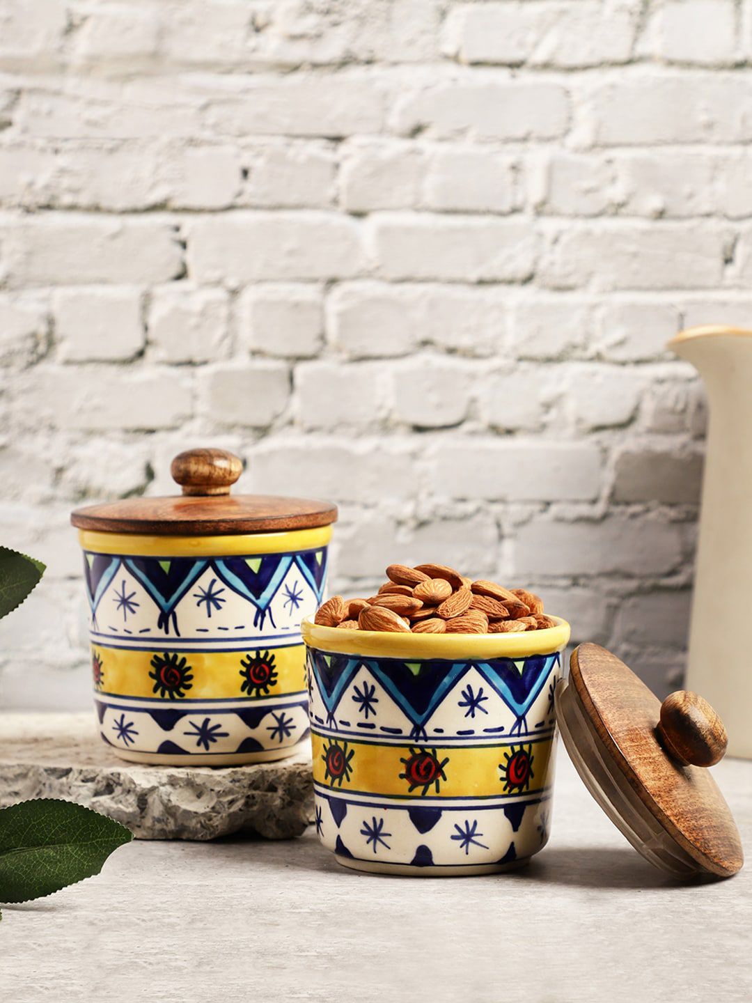 VarEesha Set Of 2 Yellow & Blue Hand Painted Multi Purpose Kitchen Storage Jars Price in India