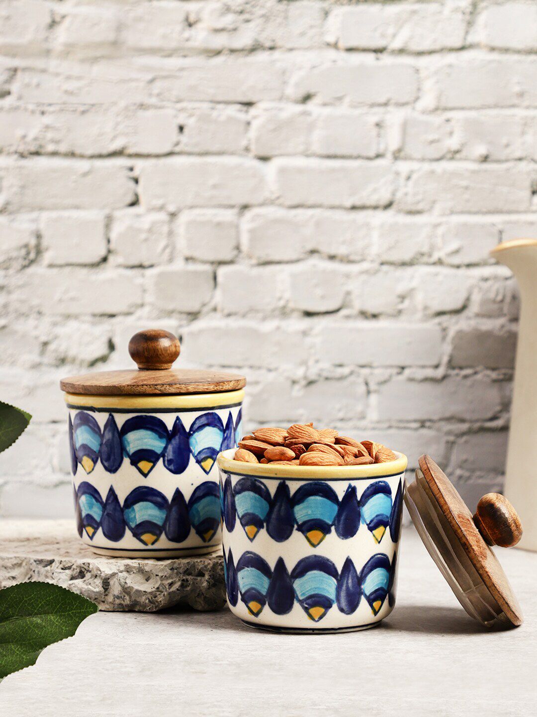 VarEesha Set of 2 Blue Hand Painted Ceramic Air Tight Jars with Wooden Lids Price in India