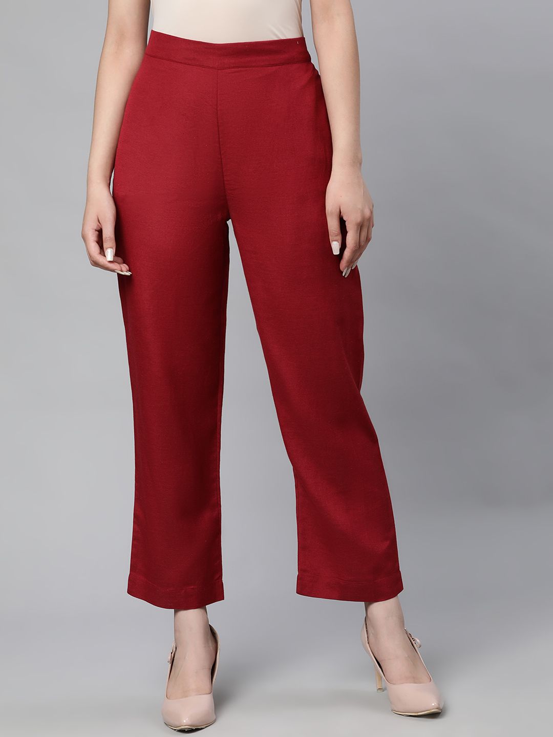 Linen Club Woman Red Solid Trousers Price in India