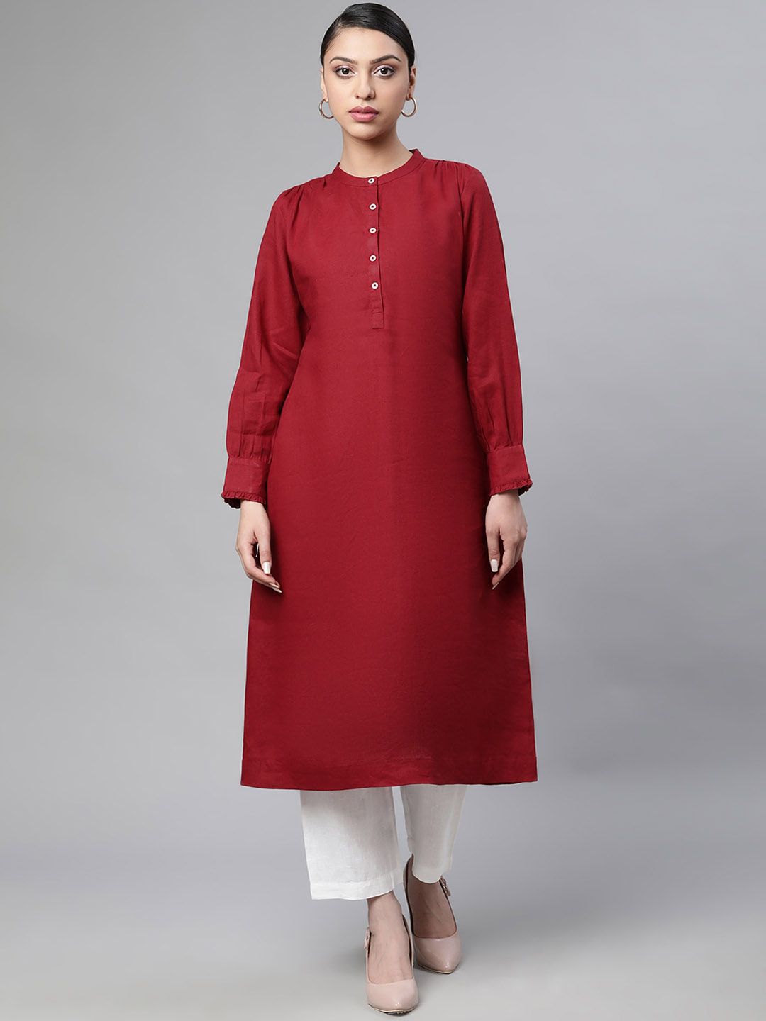 Linen Club Woman Women Maroon Thread Work Kurta Price in India