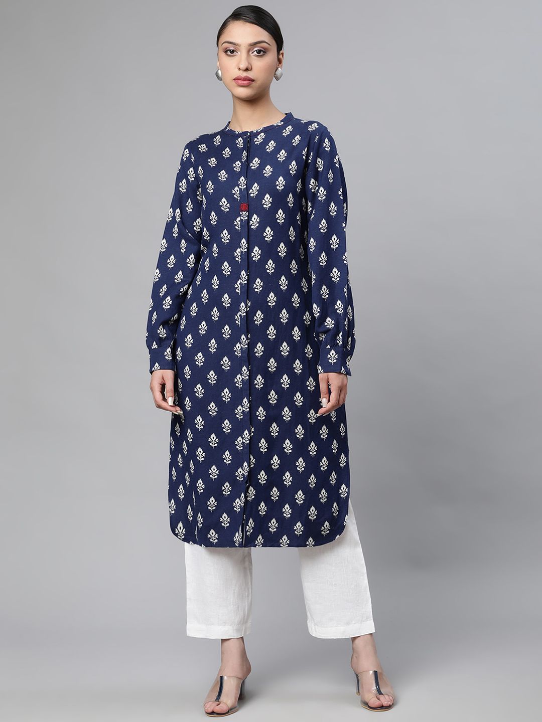 Linen Club Woman Women Navy Blue Ethnic Motifs Printed Flared Sleeves Kurta Price in India