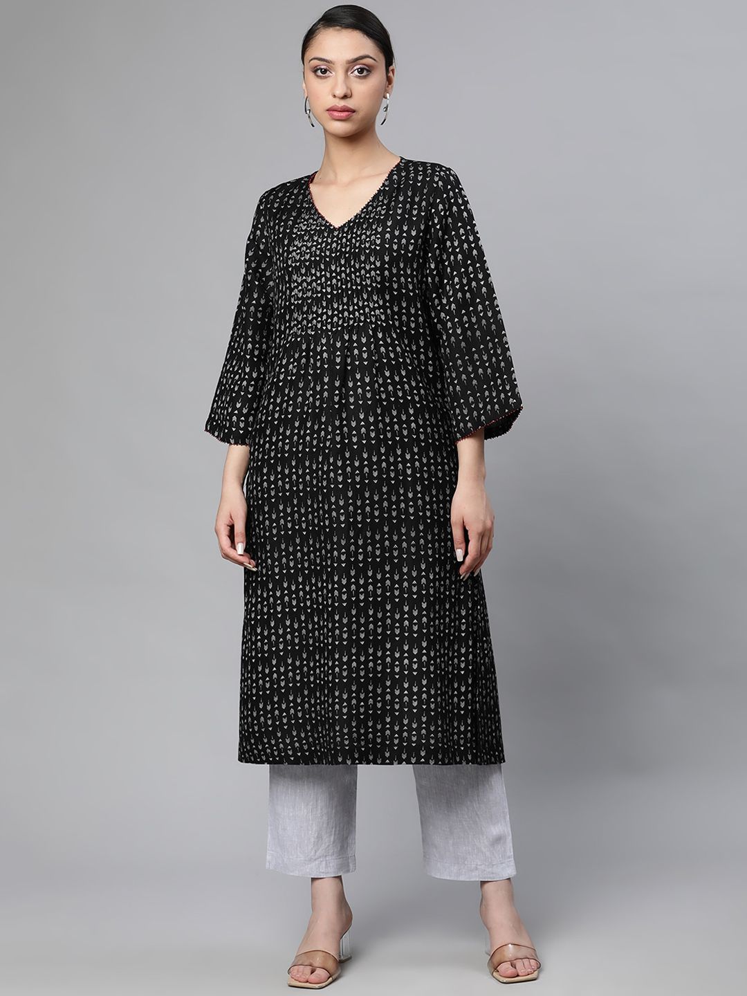 Linen Club Woman Women Black Ethnic Motifs Printed Flared Sleeves Thread Work Kurta Price in India
