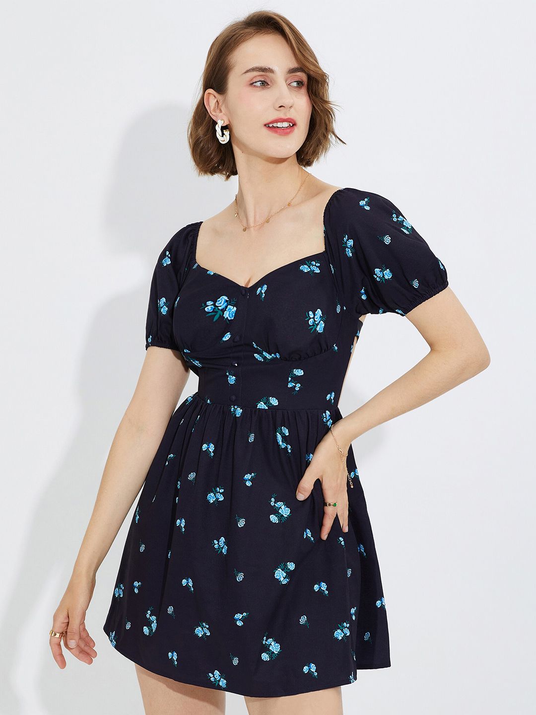 URBANIC Blue Floral Sweetheart Neck Fit and Flare Dress Price in India