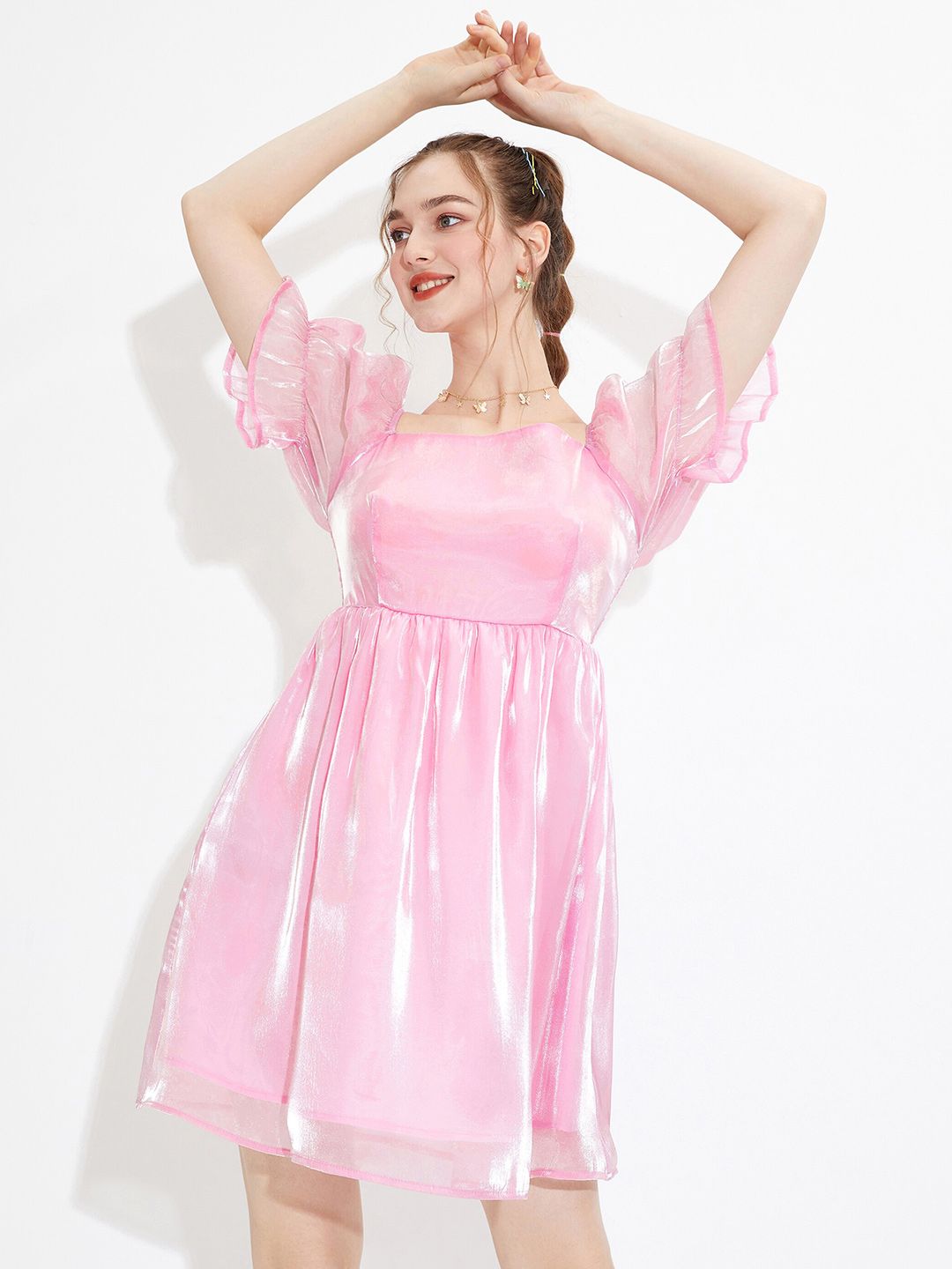 URBANIC Pink Square Neck Puff Sleeves Fit u0026 Flare Dress Price in India,  Full Specifications u0026 Offers | DTashion.com