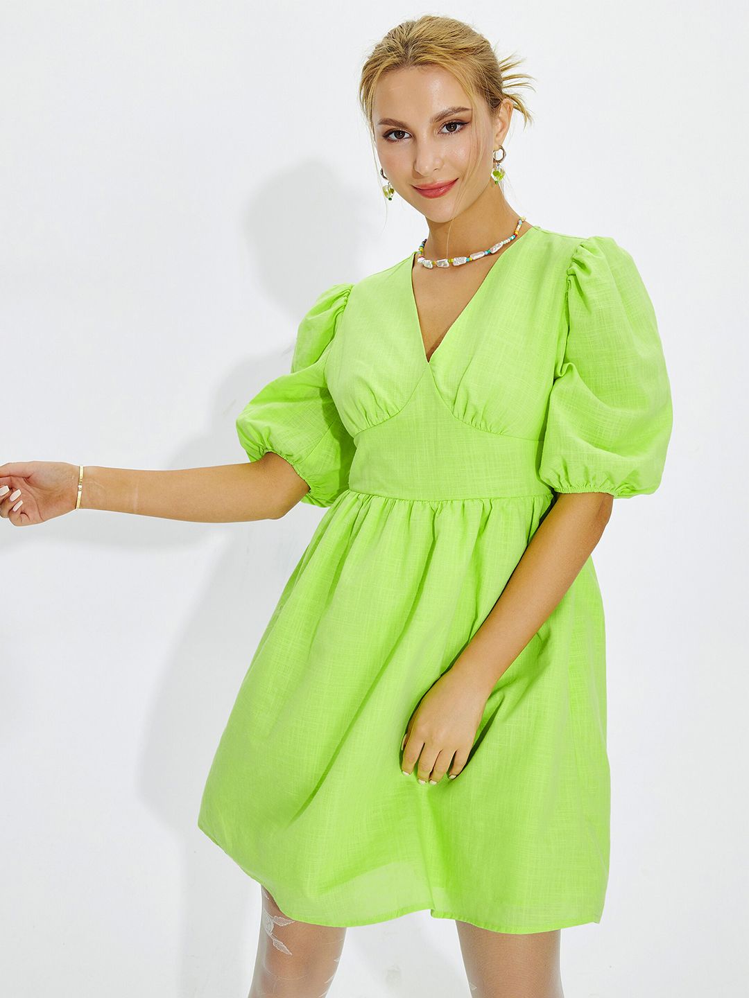 URBANIC Women Fluorescent Green Solid A-Line Dress Price in India