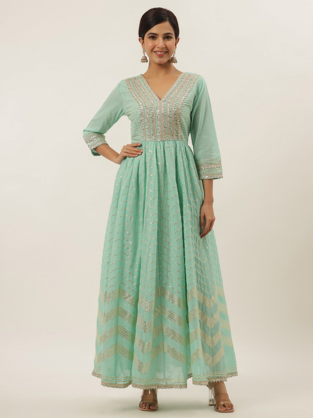 Yufta Green Cotton Ethnic Maxi Dress Price in India