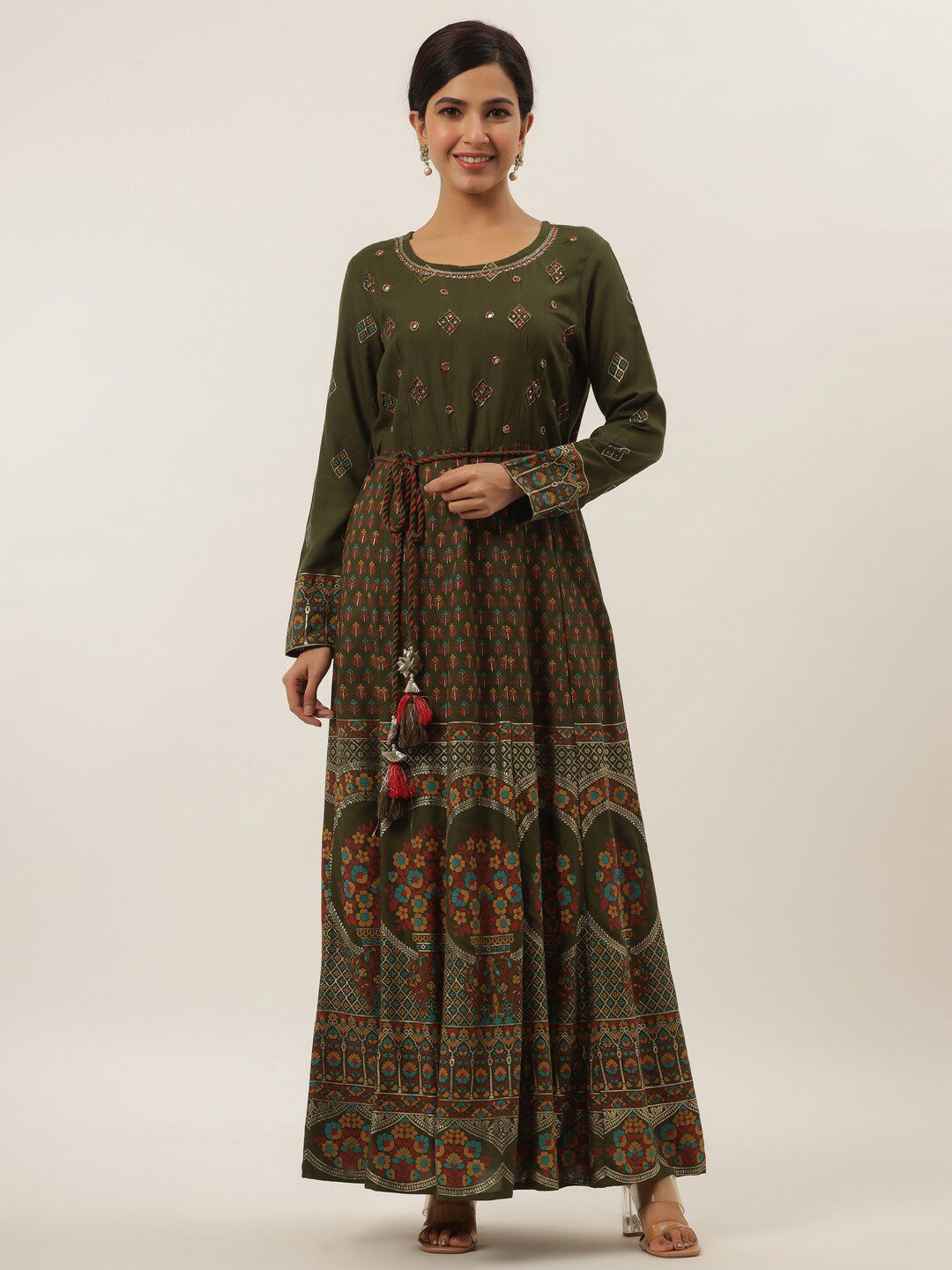 Yufta Green Cotton Ethnic Maxi Dress Price in India