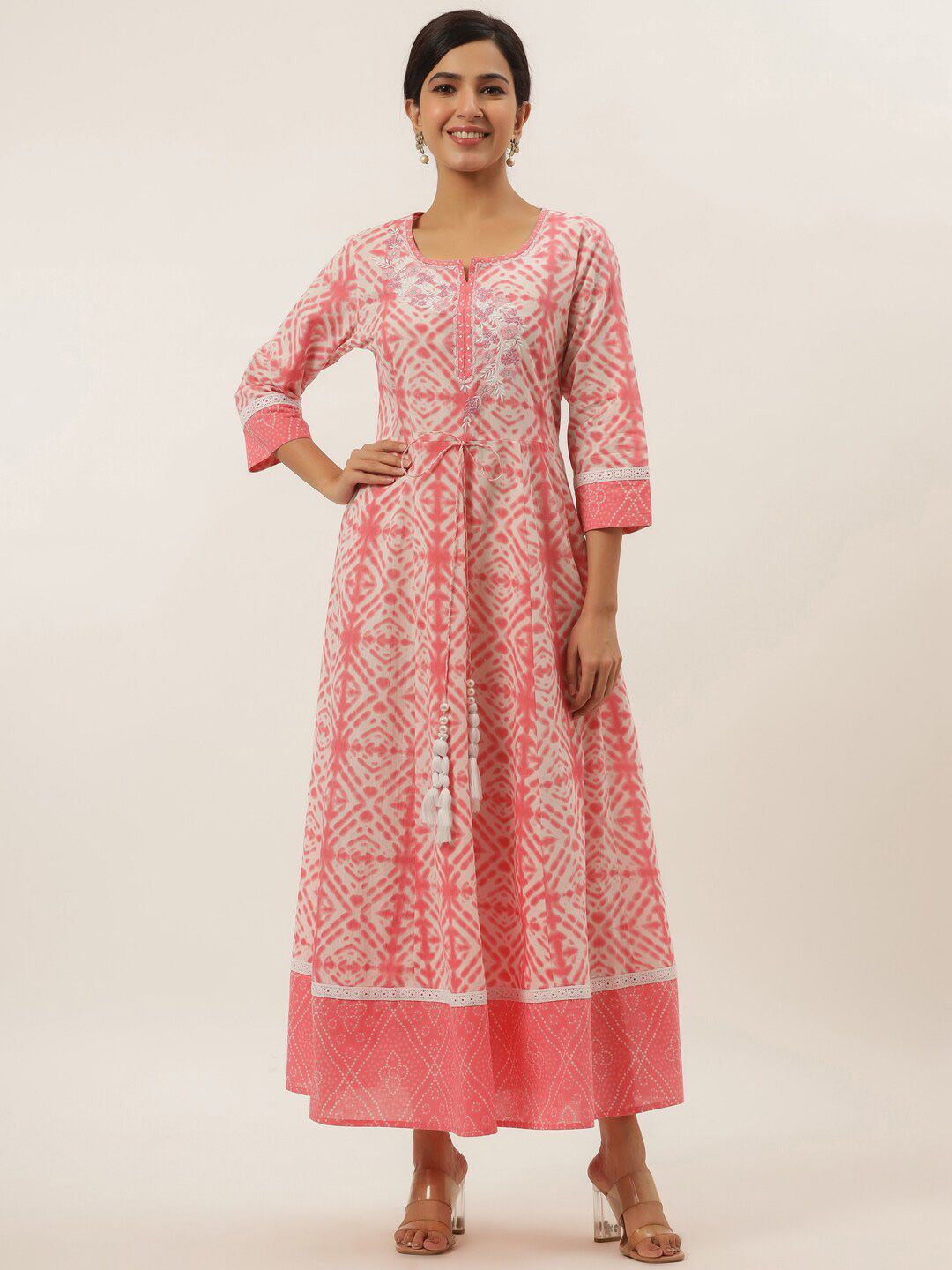 Yufta Peach-Coloured Embroidery Cotton Ethnic Maxi Dress Price in India