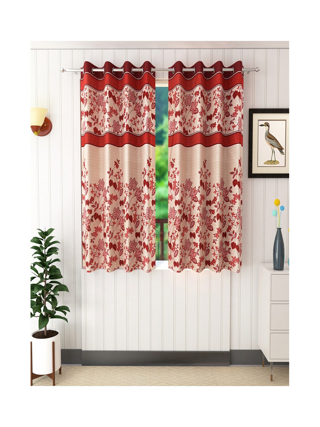 Homefab India Maroon & White Set of 2 Floral Window Curtain Price in India