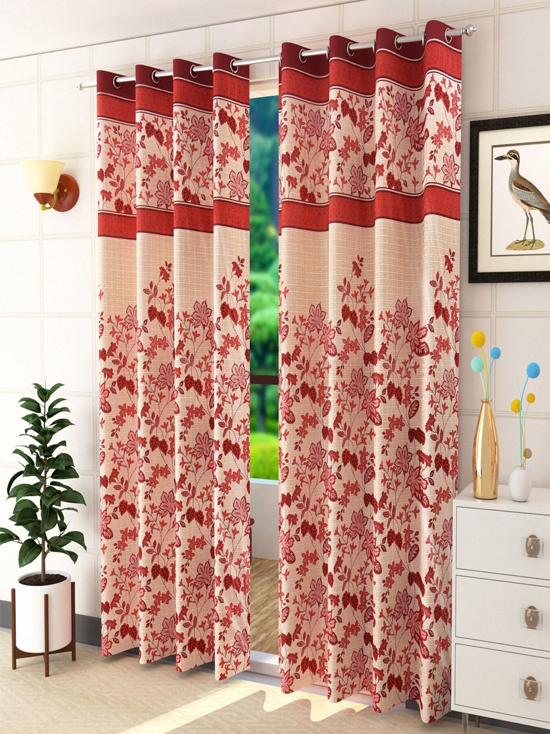 Homefab India Maroon & Beige Set of 2 Floral Door Curtain Price in India