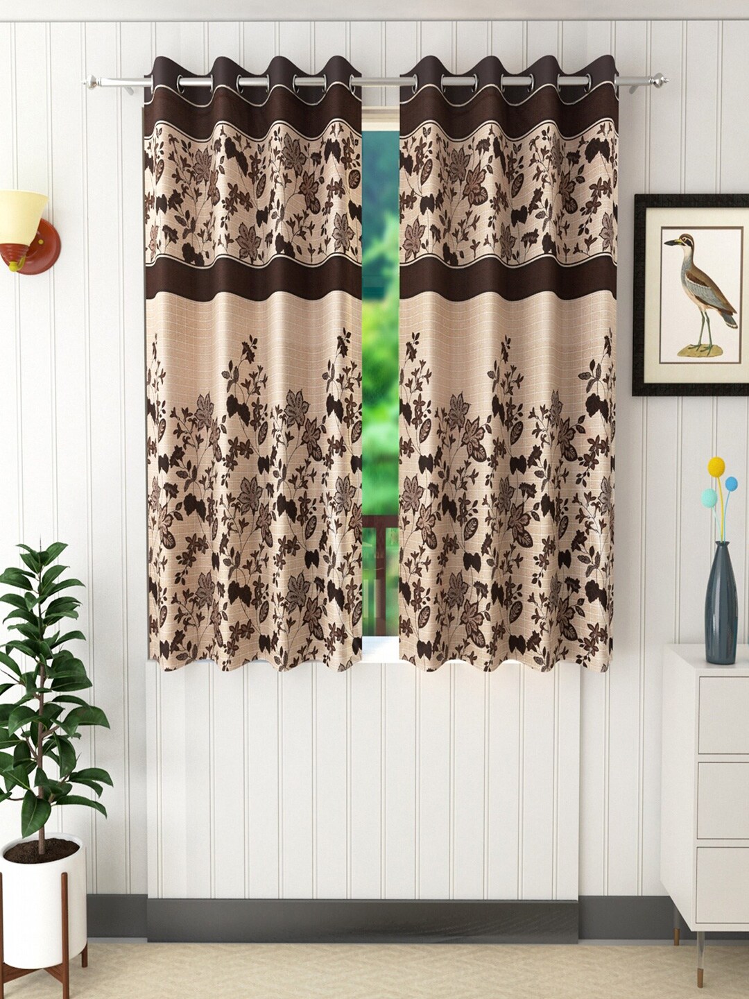 Homefab India Brown & Beige Set of 2 Floral Window Curtain Price in India
