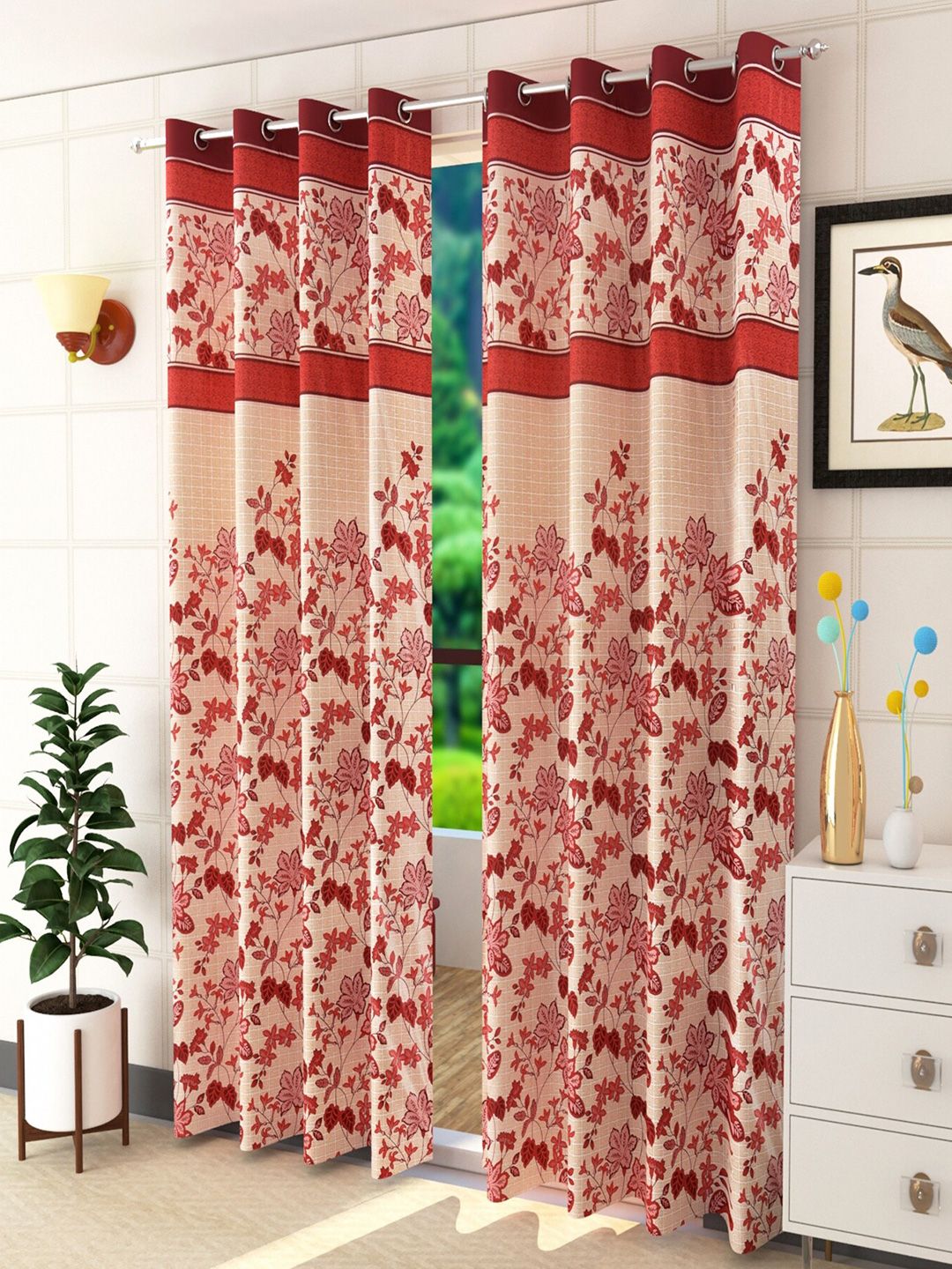 Homefab India Maroon & Beige Set of 2 Floral Long Door Curtain Price in India