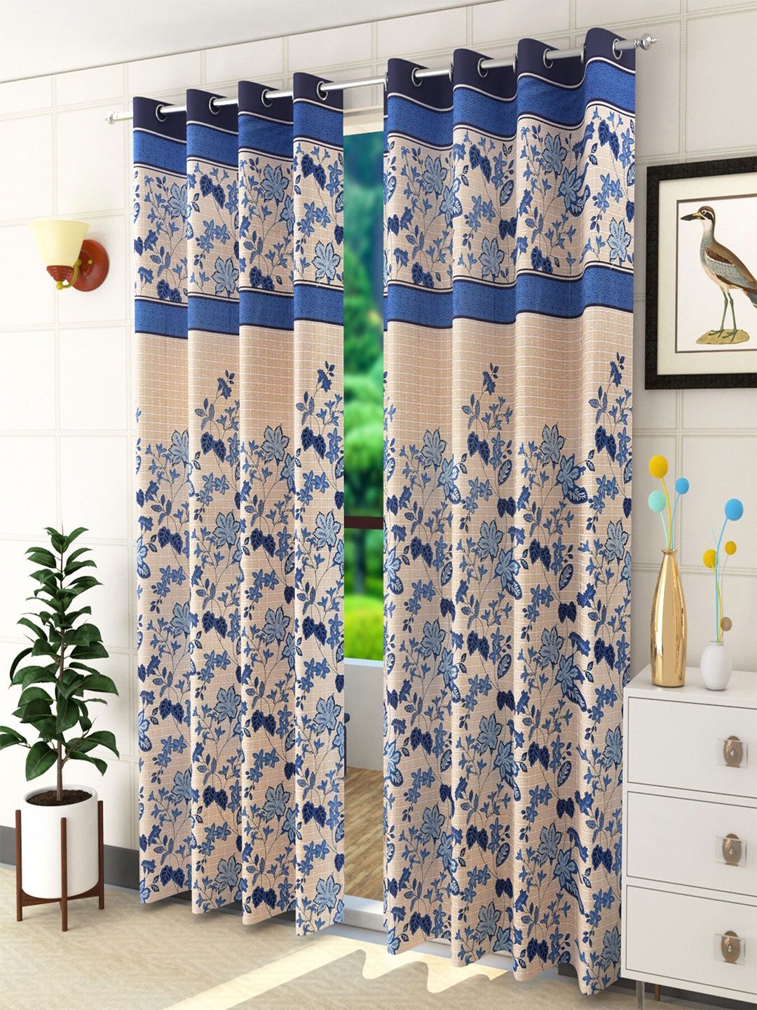 Homefab India Blue & Beige Set of 2 Floral Long Door Curtain Price in India