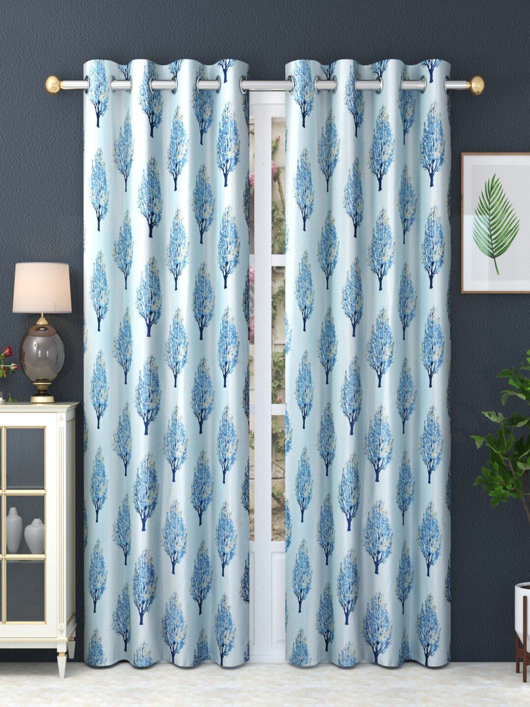 Homefab India Blue Set of 2 Floral Long Door Curtain Price in India