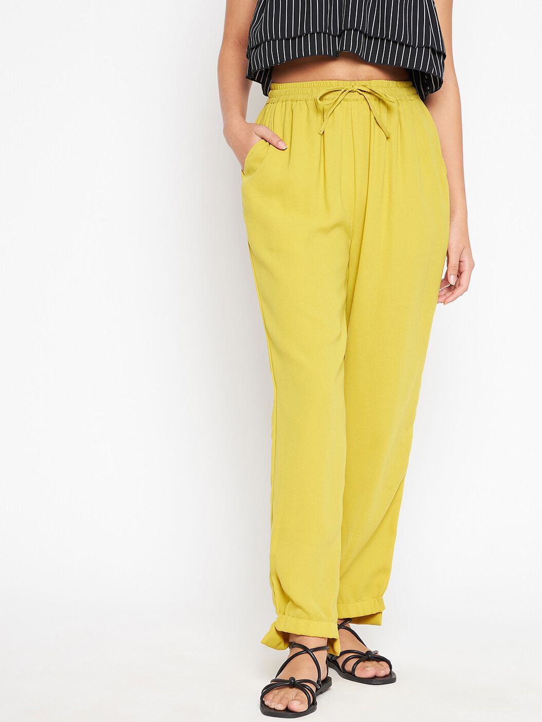 JUNE & HARRY Women Mustard Yellow Smart Slim Fit High-Rise Trousers Price in India