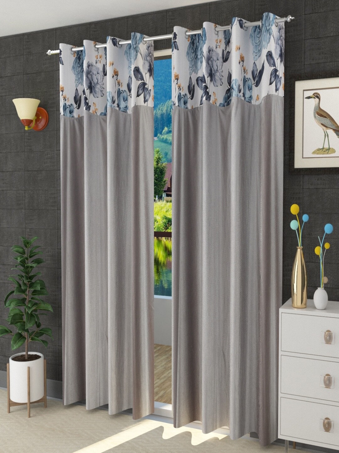 Homefab India Grey Set of 2 Floral Long Door Curtain Price in India