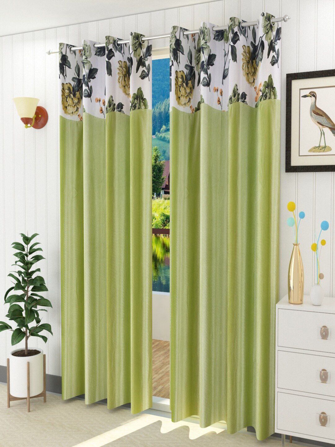Homefab India Green Set of 2 Floral Long Door Curtain Price in India
