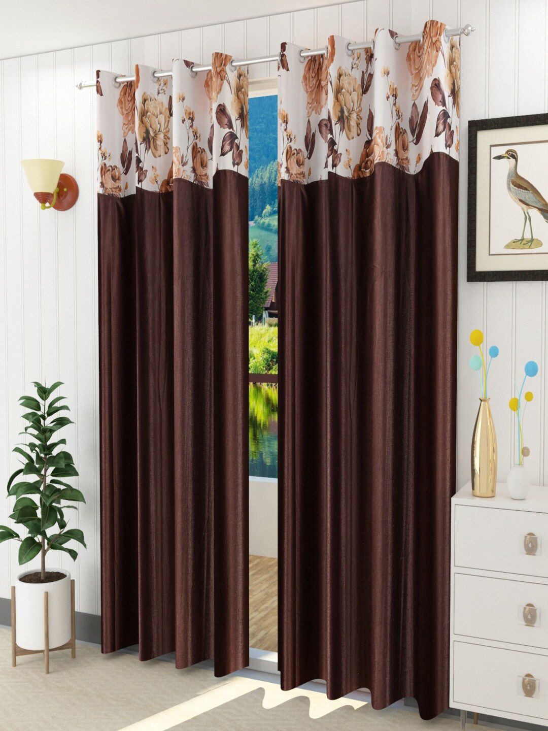 Homefab India Coffee Brown Set of 2 Floral Door Curtain Price in India