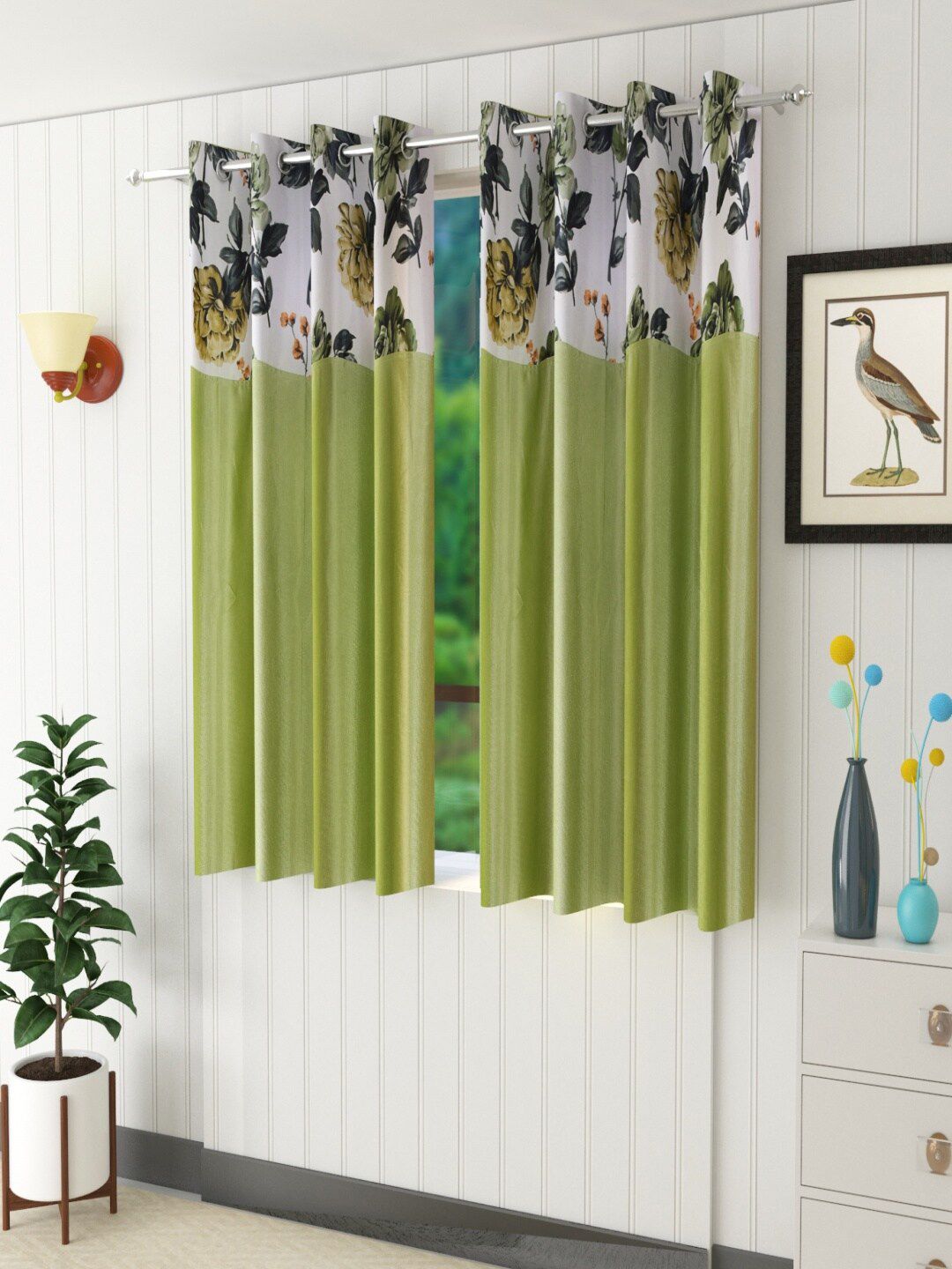 Homefab India Green & White Set of 2 Floral Window Curtain Price in India