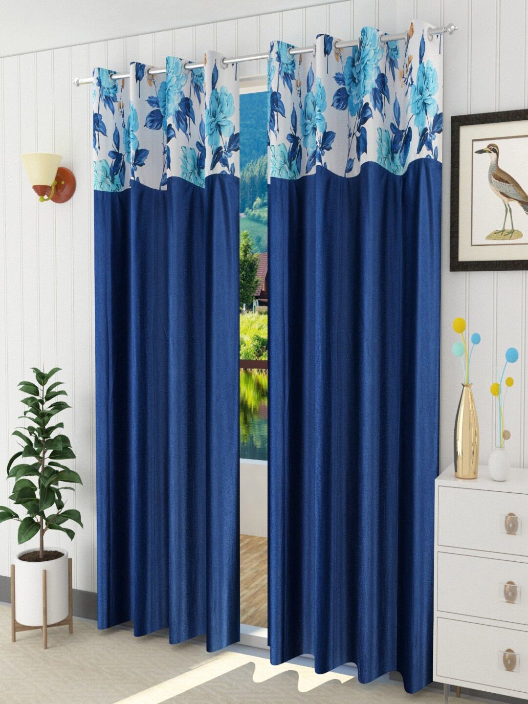 Homefab India Navy Blue & White Set of 2 Floral Long Door Curtain Price in India
