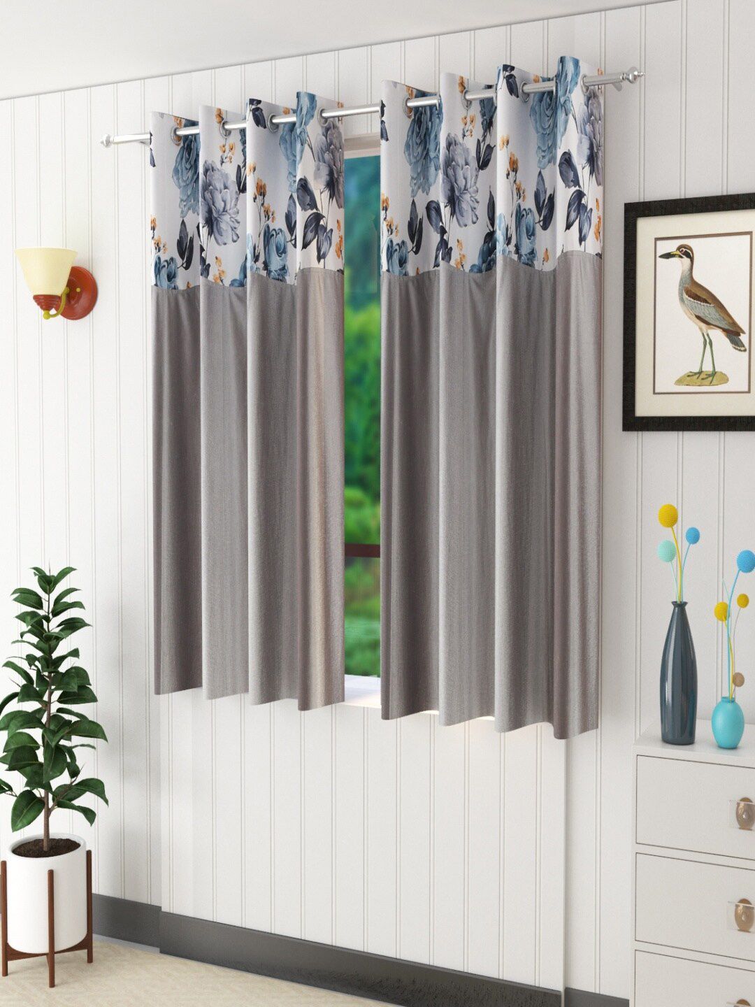 Homefab India Grey & White Set of 2 Floral Window Curtain Price in India