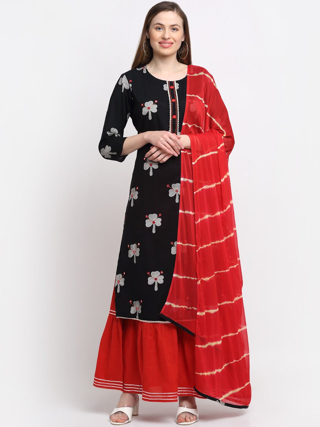 KALINI Women Black Embroidered Panelled Thread Work Kurta with Sharara & With Dupatta Price in India