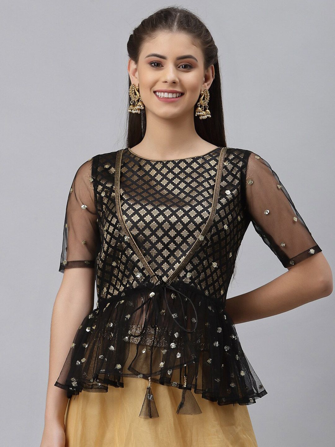 studio rasa Black Geometric Print Sheer Net Peplum Top
