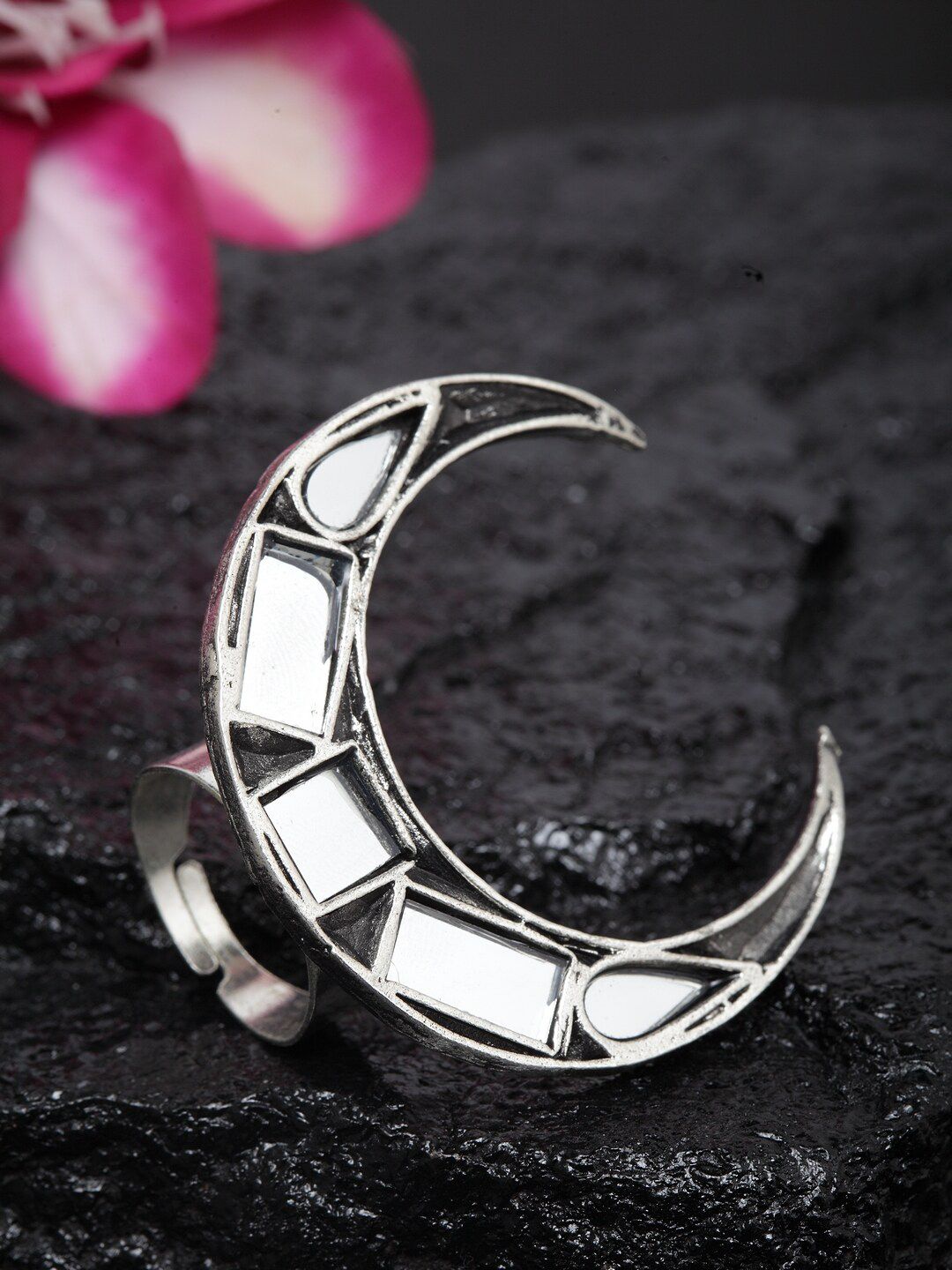 Moedbuille Silver-Plated Mirrors Studded Afghan Design Oxidised Finger Ring Price in India