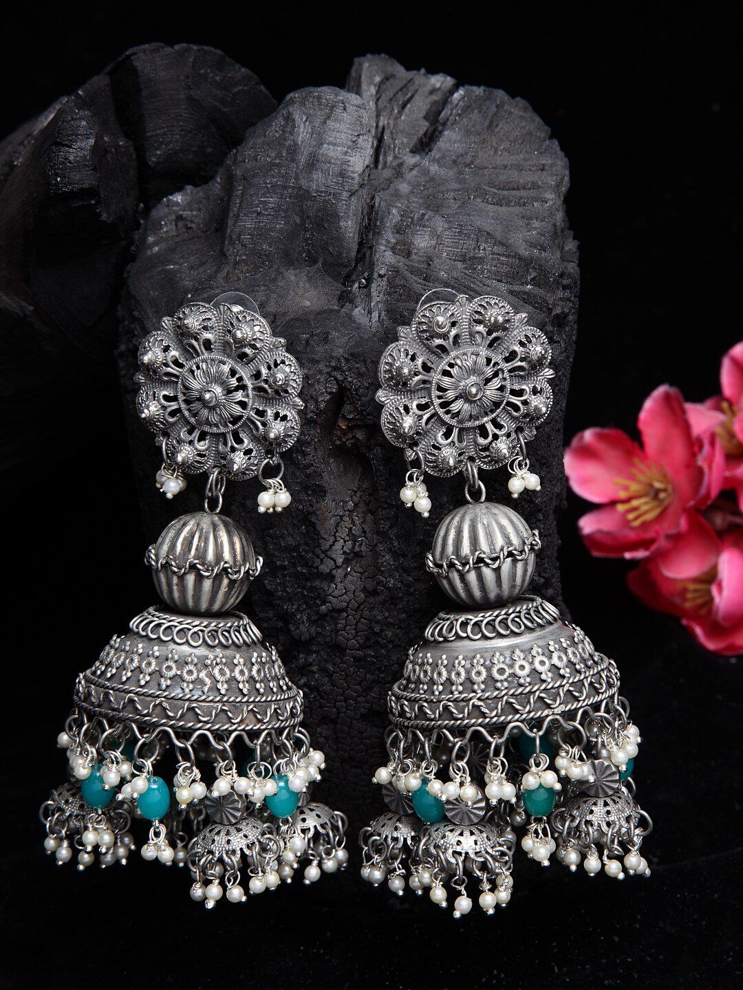 Moedbuille Gunmetal-Toned Dome Shaped Jhumkas Earrings Price in India