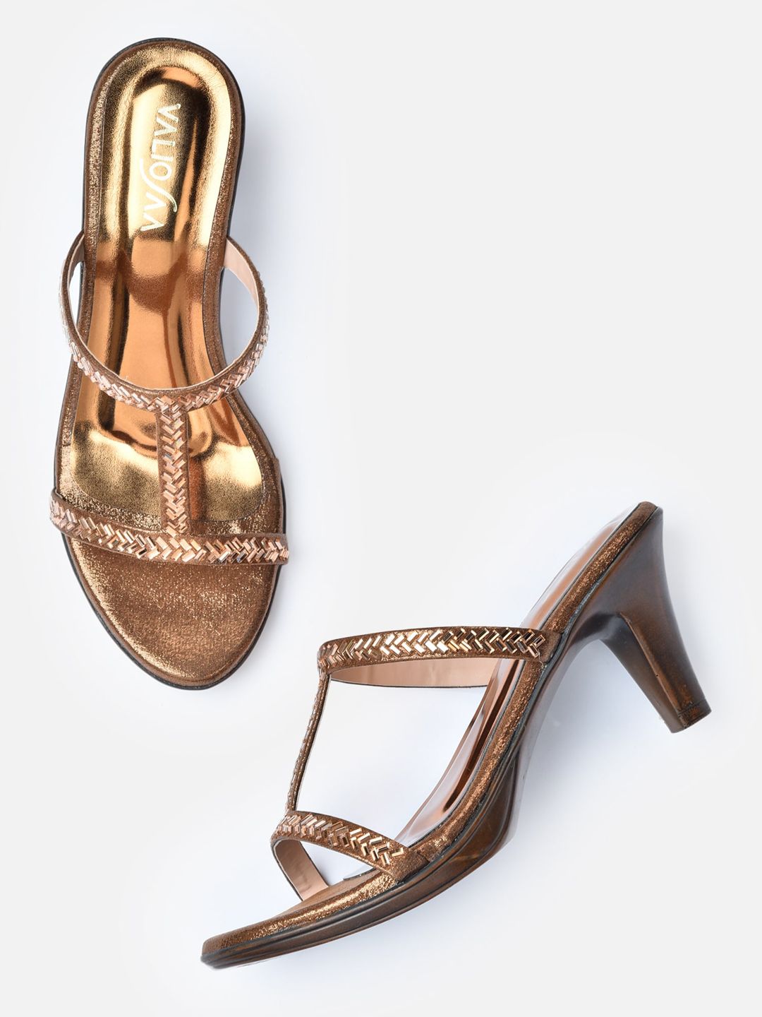 VALIOSAA Copper-Toned Textured Ethnic Block Sandals Price in India