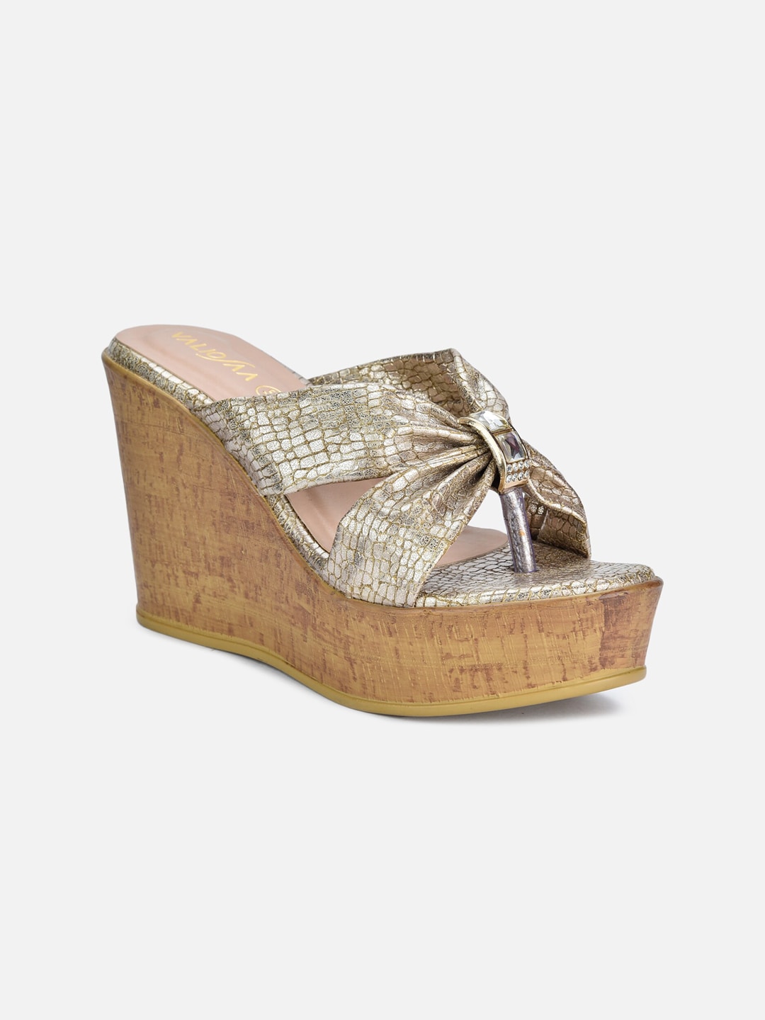 VALIOSAA Gold-Toned Party Wedge Sandals Price in India