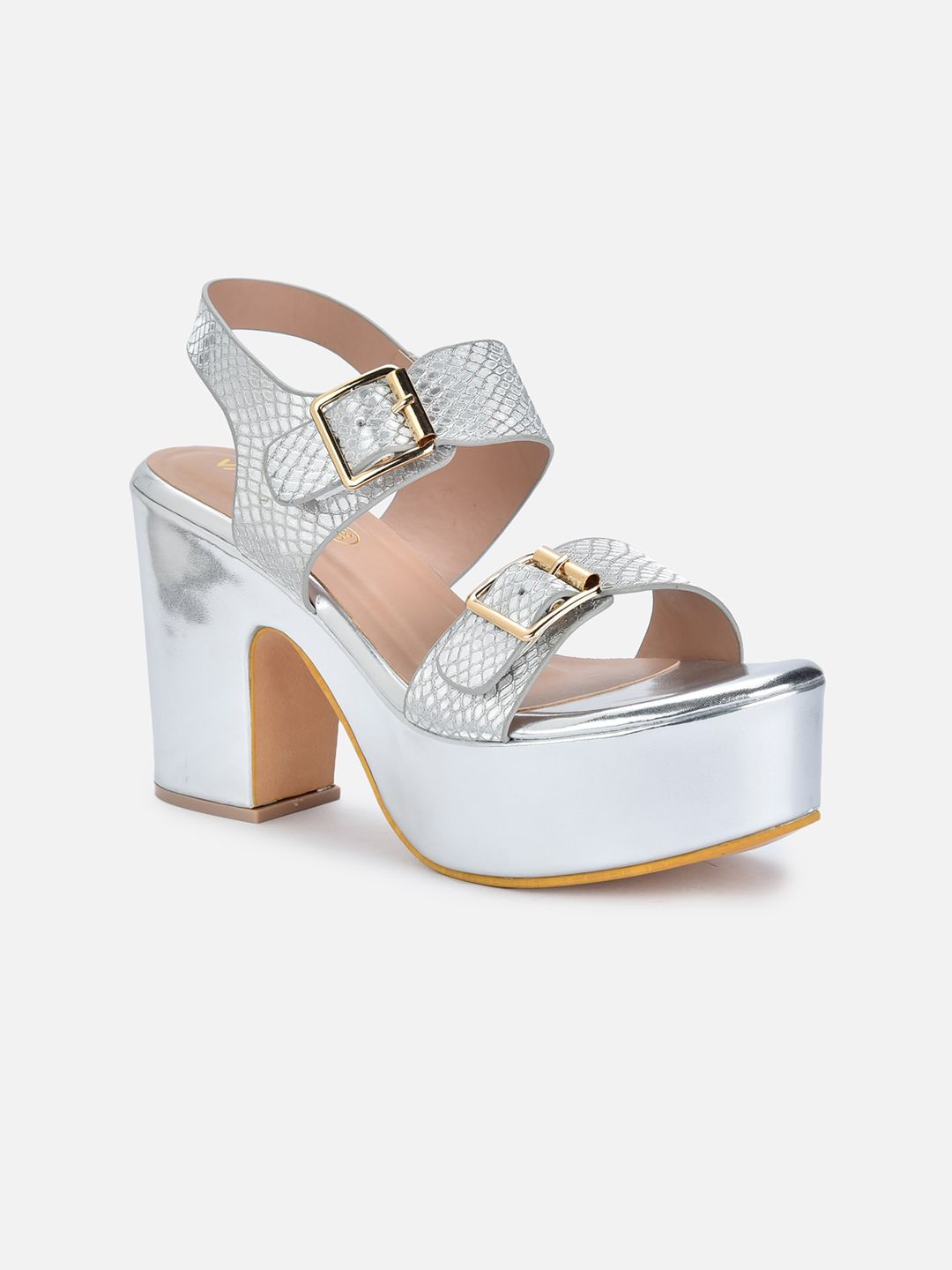 VALIOSAA Silver-Toned Party Block Sandals with Buckles