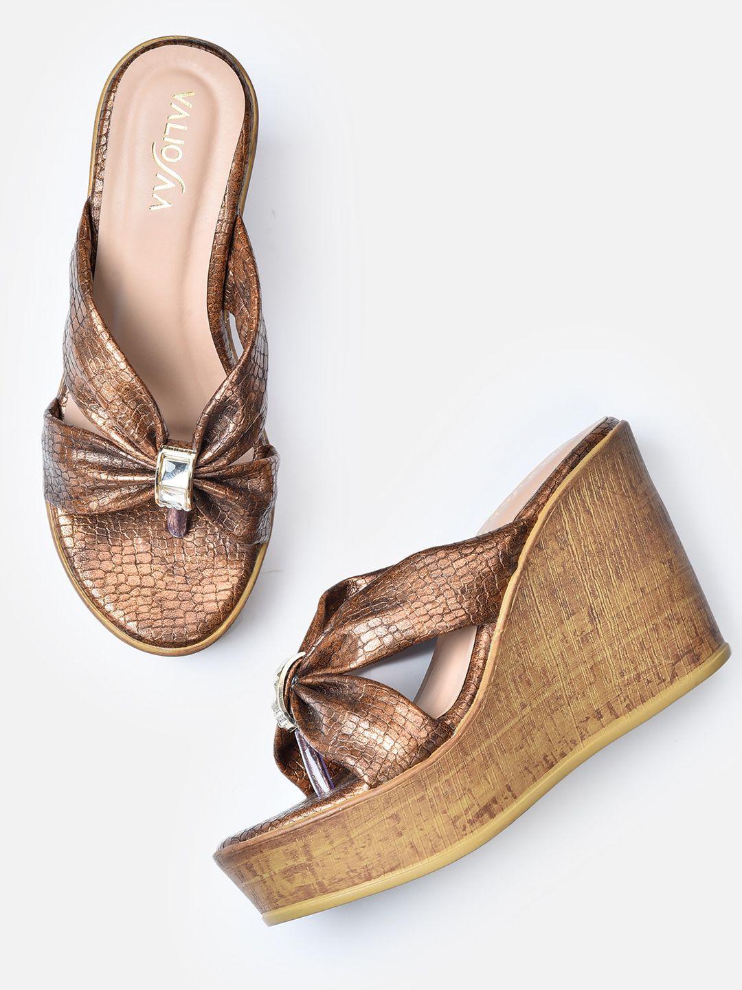 VALIOSAA Copper-Toned Printed Party Wedge Sandals