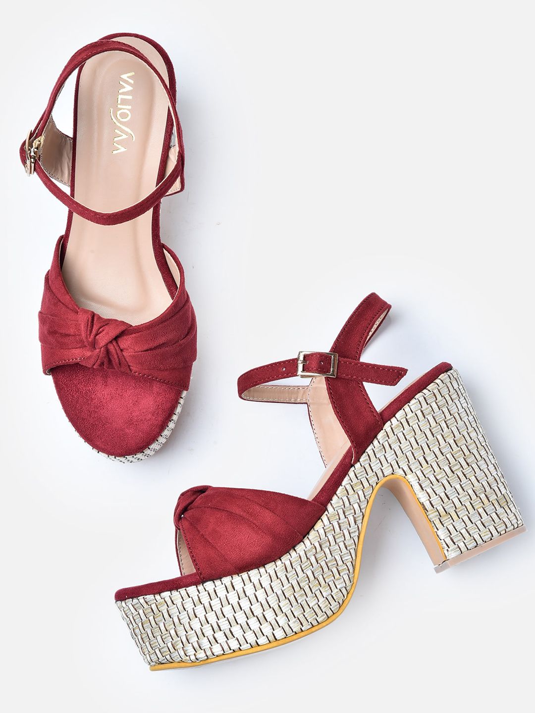 VALIOSAA Maroon Suede Platform Sandals with Bows Price in India