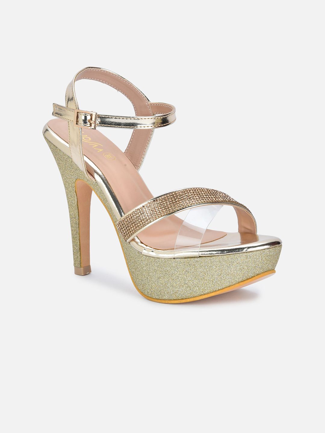 VALIOSAA Gold-Toned Party Stiletto Sandals Price in India