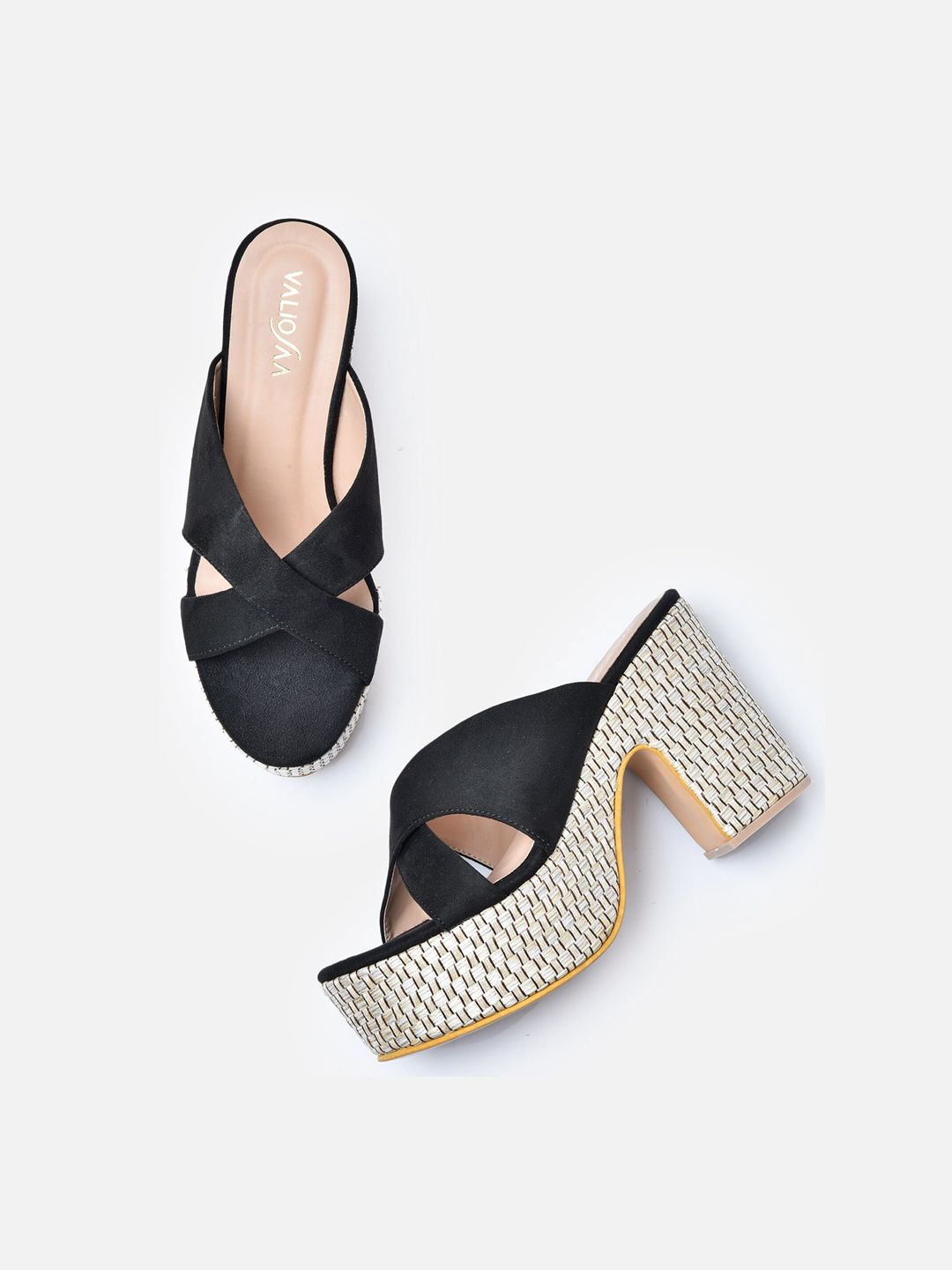 VALIOSAA Black Suede Platform Sandals with Buckles Price in India