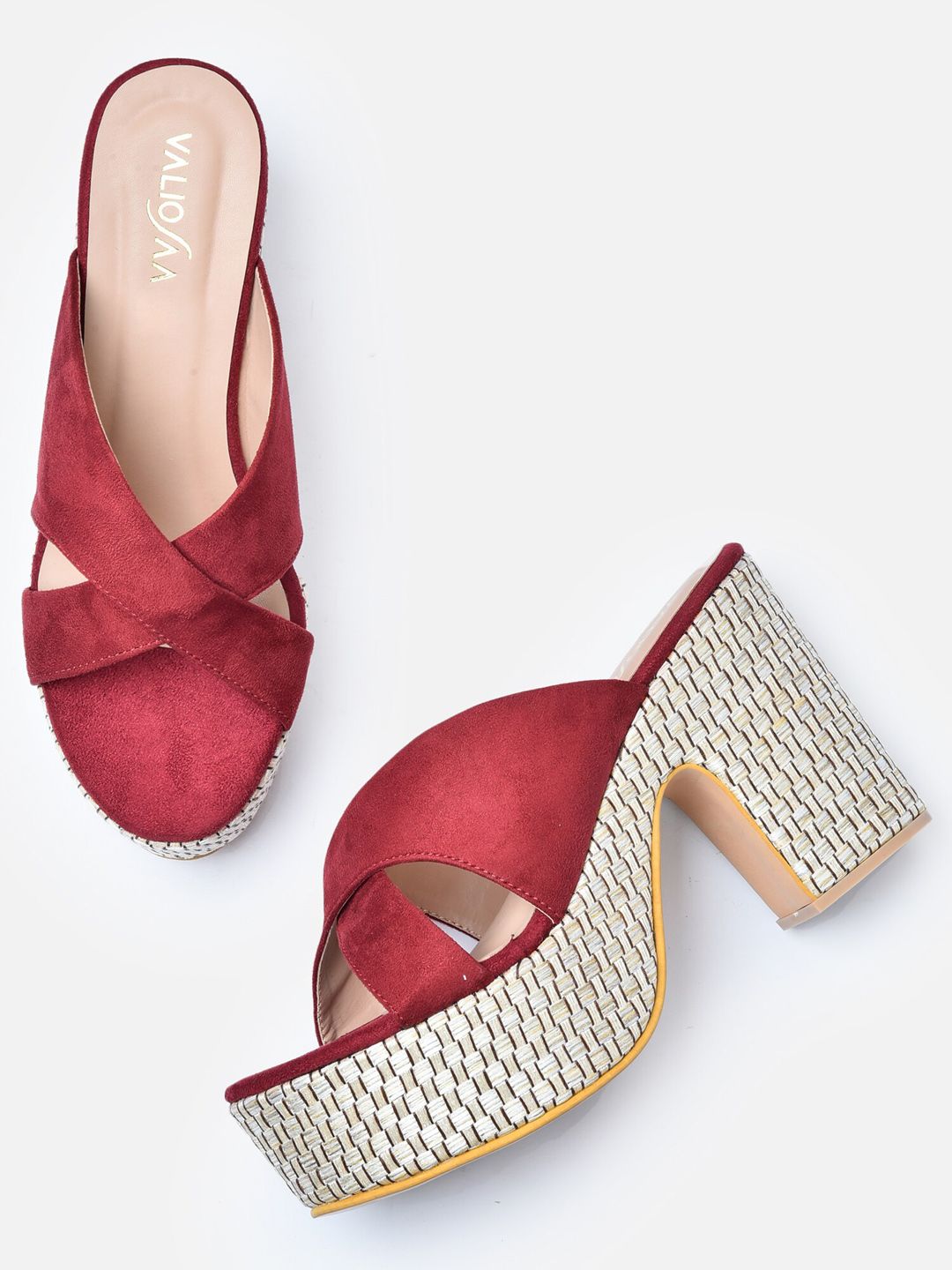 VALIOSAA Maroon Suede Platform Mules with Bows Price in India