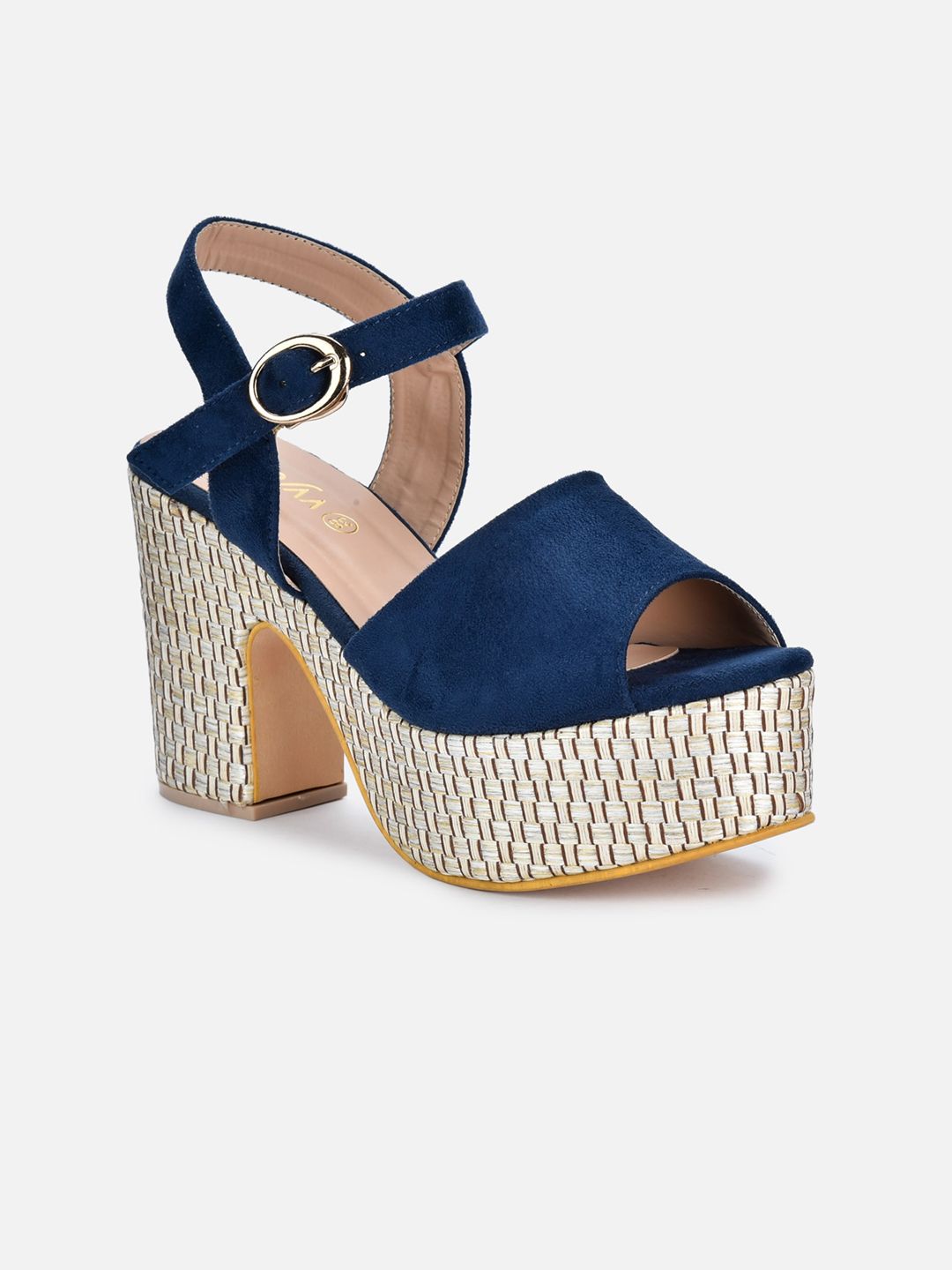 VALIOSAA Navy Blue Suede Platform Sandals with Buckles Price in India