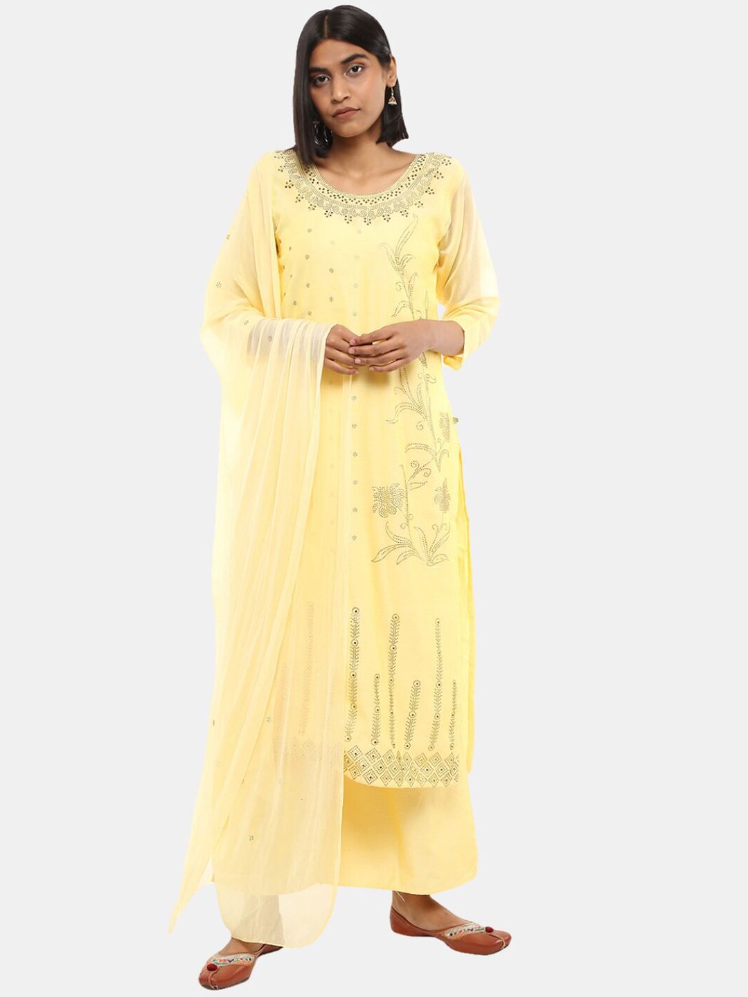 V-Mart Women Yellow Ethnic Motifs Embroidered Flared Sleeves Mirror Work Kurta Price in India