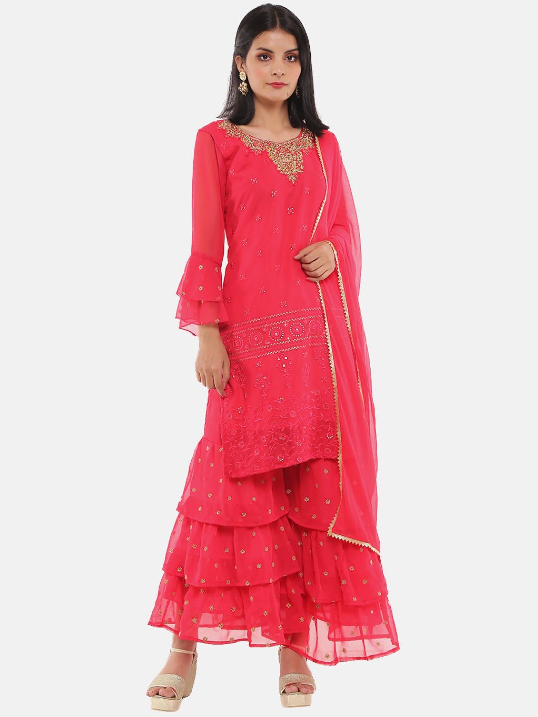 V-Mart Women Pink Ethnic Motifs Embellished Keyhole Neck Flared Sleeves Anarkali Kurta Price in India