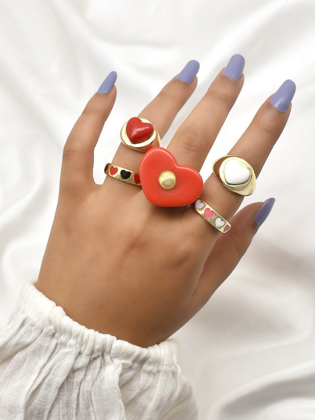 JOKER & WITCH Set Of 5 Gold-Toned & Red Heart-Charm Finger Ring Price in India