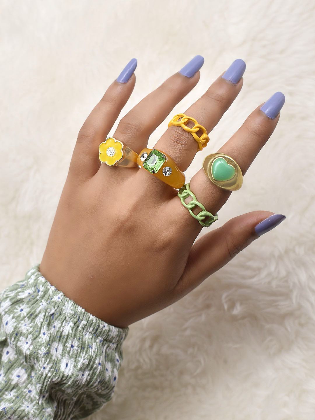 JOKER & WITCH Set of 5 Yellow & Green Finger Ring Price in India