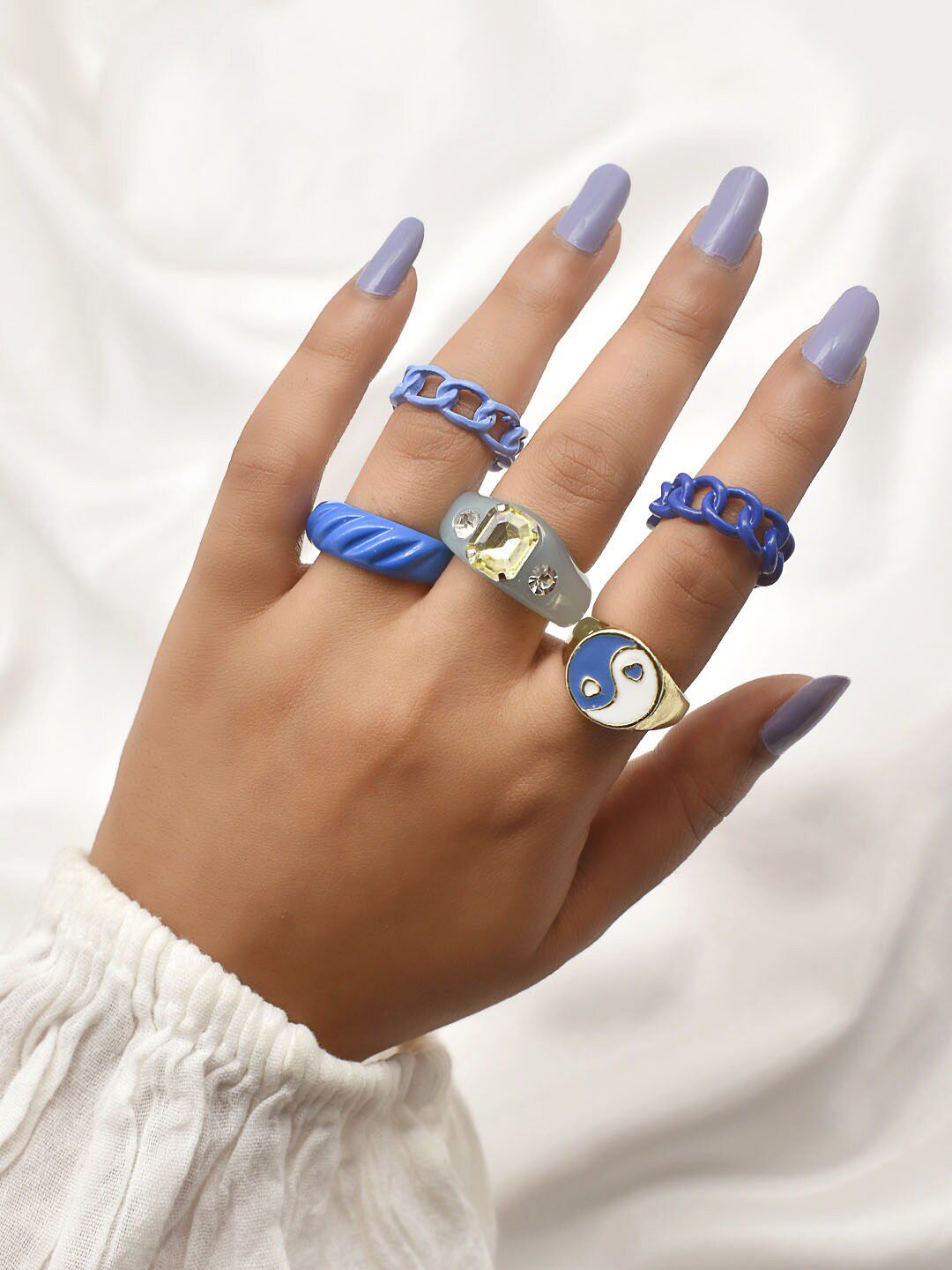 JOKER & WITCH Set Of 5 Blue & White Stone Studded Ring Stack Price in India