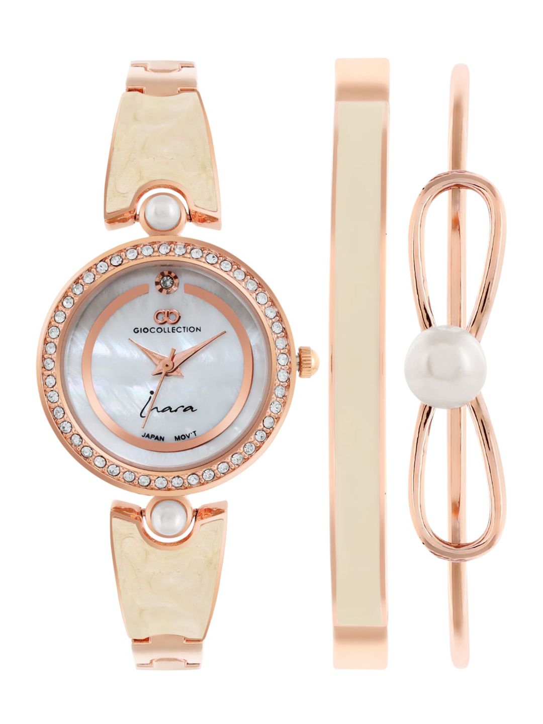 GIO COLLECTION Women White Embellished Dial & Rose Gold Toned Bracelet Style Straps Analogue Watch Price in India