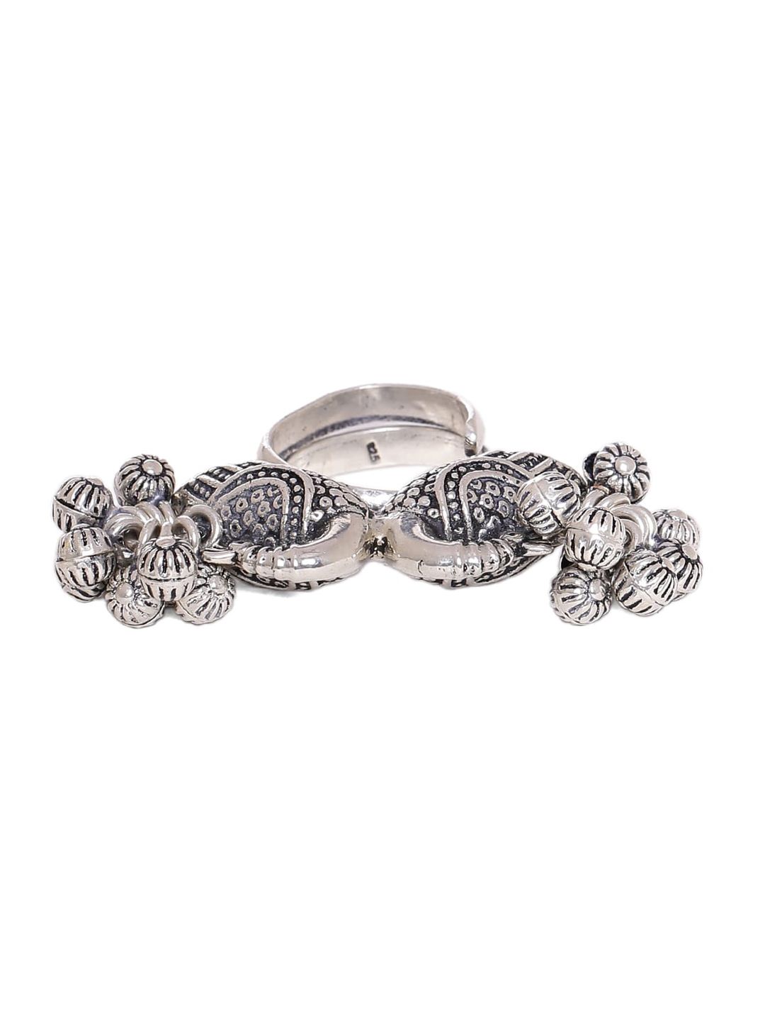 ADORN by Nikita Ladiwala Silver-Toned Oxidized Ghungroo-Studded Finger Ring Price in India