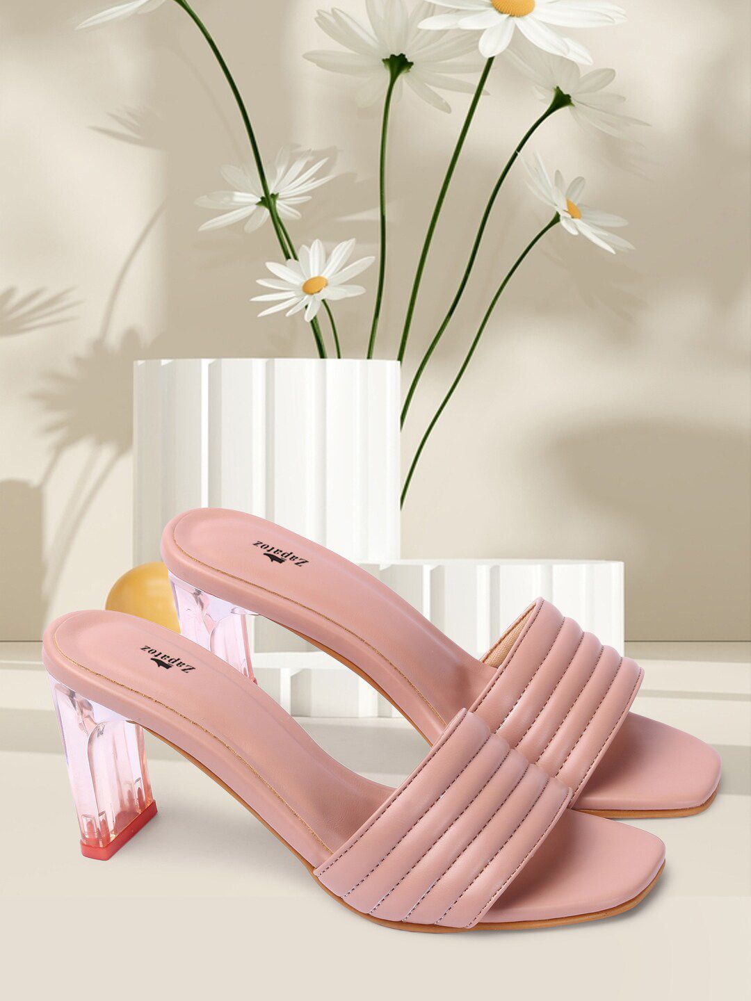 ZAPATOZ Pink Striped PU Block Sandals Price in India