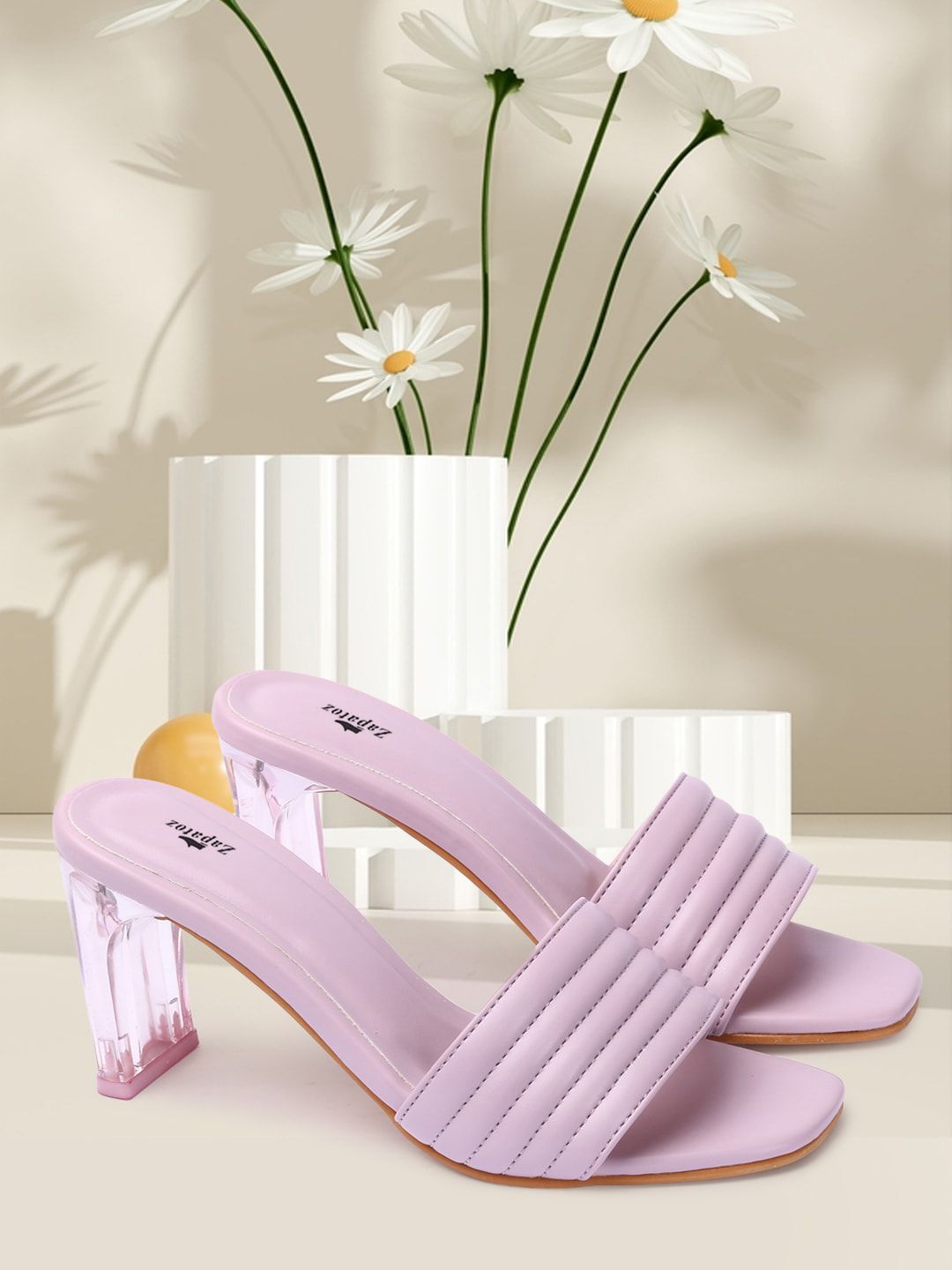 ZAPATOZ Purple Striped PU Block Sandals Price in India