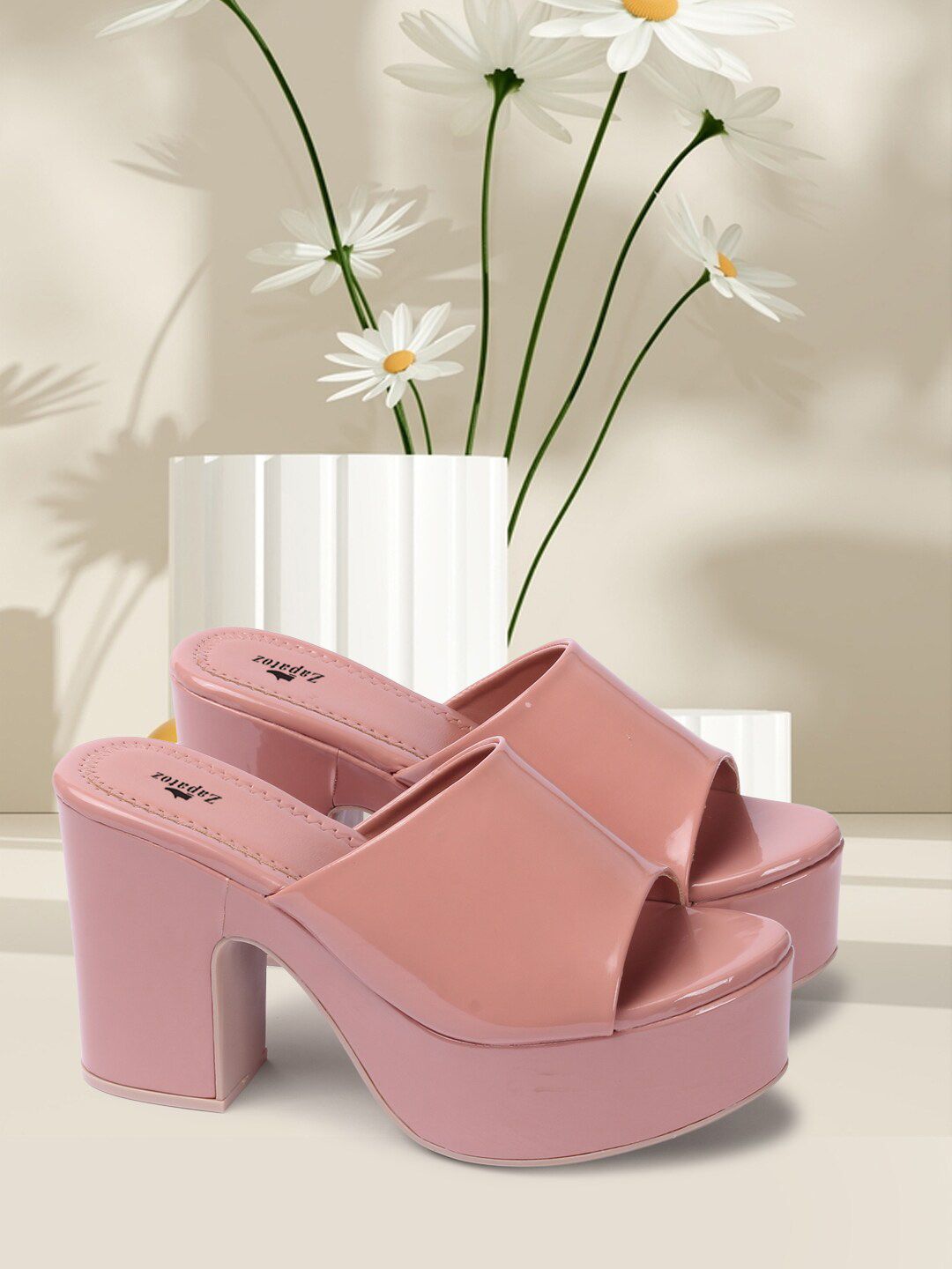 ZAPATOZ Pink PU Block Peep Toes with Bows Price in India