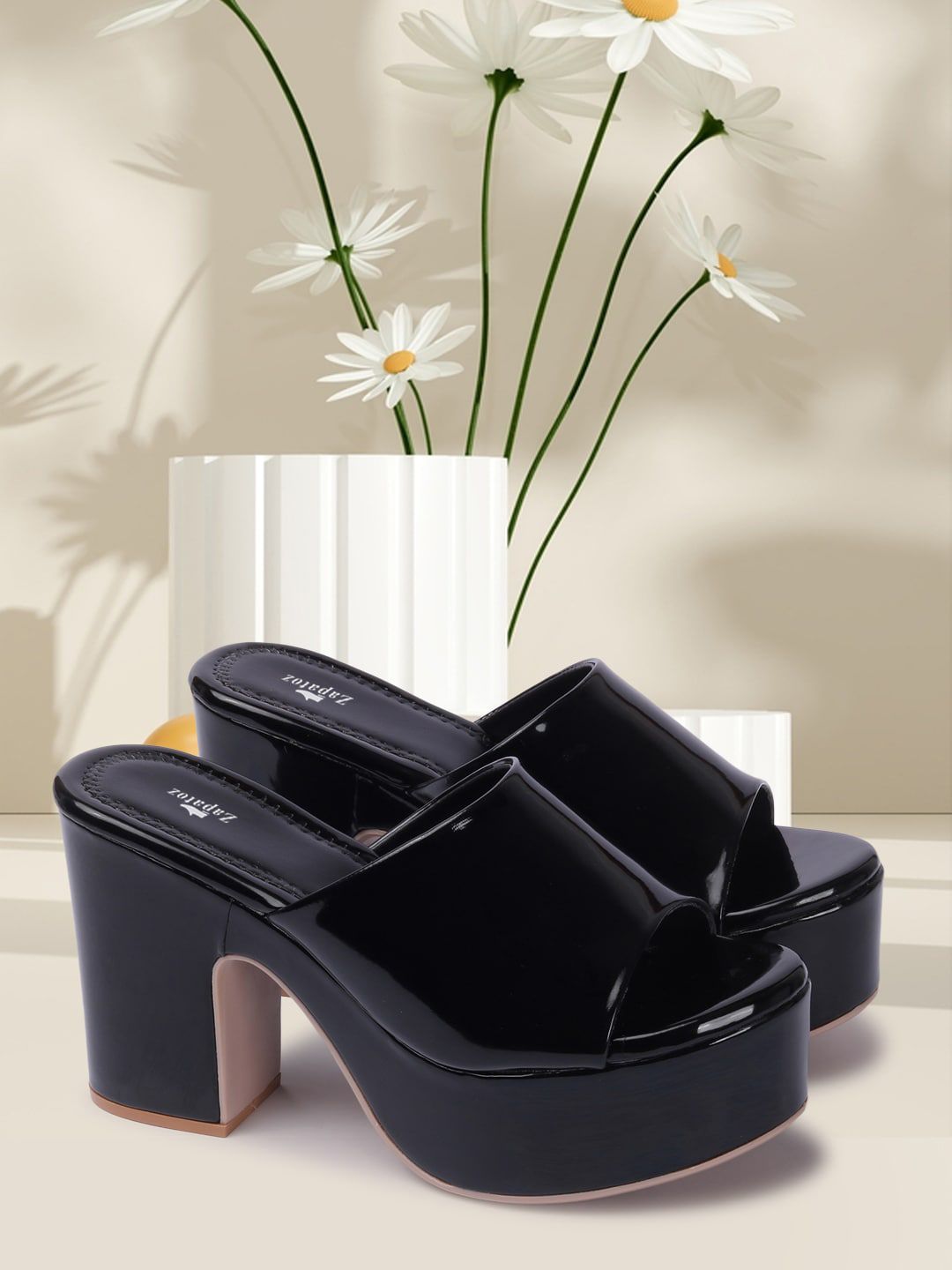 ZAPATOZ Black PU Block Pumps with Bows Price in India
