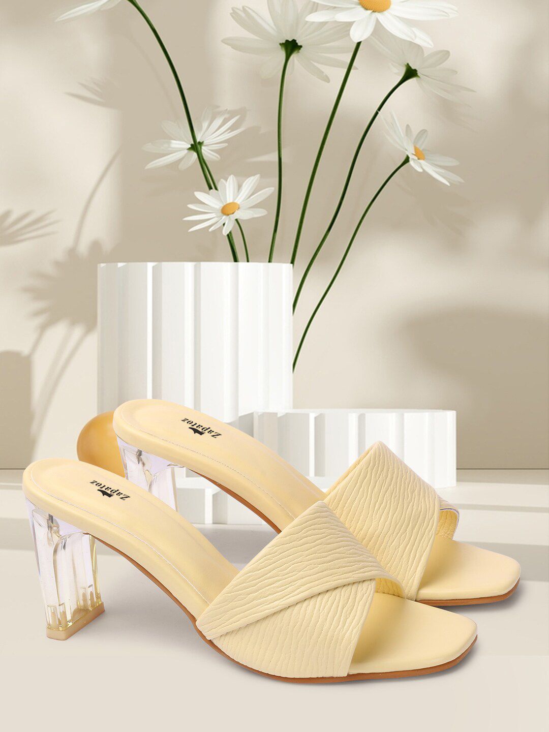 ZAPATOZ Yellow PU Block Sandals Price in India